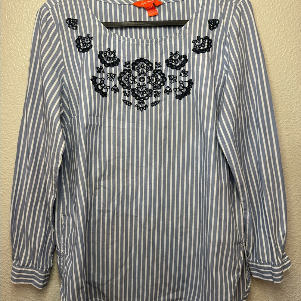 Joe Fresh Embellished long Sleeve Top Blue and White Striped Cotton Size XS